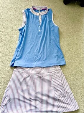Periwinkle sleeveless golf shirt with matching skirt